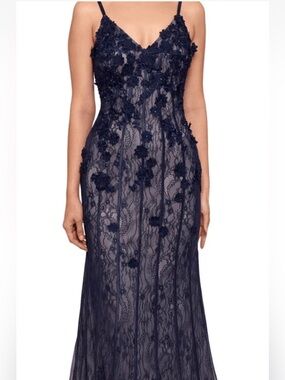 NWOT XSCAPE Navy Nude Lace Gown